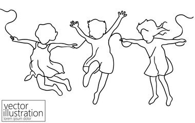 Wall Mural - Three happy jumping kids. Childhood active sport single line drawing black ink. Friends together. Contour outline vector illustration