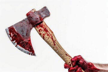 Fototapeta bloody hand with butcher s ax isolated on white background in studio for halloween