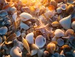 A starfish sitting on top of a pile of shells. Generative AI.