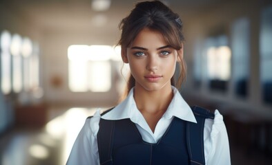 Canvas Print - A woman in a school uniform. Generative AI.