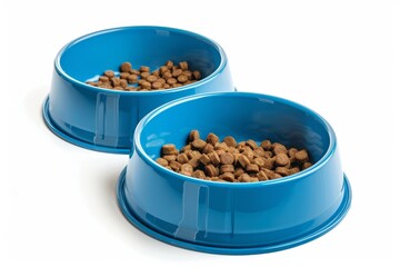 Poster - Blue pet bowl on white background empty and full