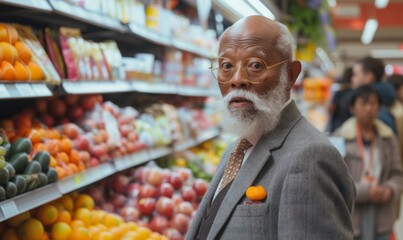 Wall Mural - An old man in a suit and tie standing in front of a fruit and vegetable aisle. Generative AI.