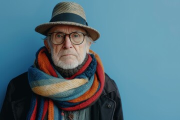 Poster - An old man wearing a hat and scarf. Generative AI.