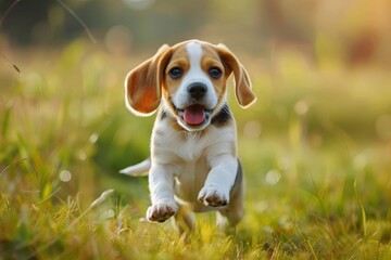 Wall Mural - 3 month old Beagle puppy happily running in meadow