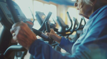 Wall Mural - An older woman is on a stationary bike in a gym. Generative AI.