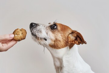 Poster - A Jack Russell dog receiving a treat for good behavior isolated on white background