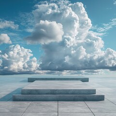 Wall Mural - Blue sky and clouds. Nature-themed podium for product presentations.