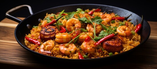 Poster - A close-up view of a delicious dish in a pan, featuring juicy shrimp and fluffy rice cooked to perfection