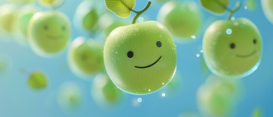 Wall Mural - A bunch of green apples with smiley faces on them. Generative AI.