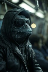 Poster - A lizard wearing a hoodie and sunglasses sitting on a train. Generative AI.