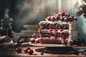 Wall Mural - Black forest cake on modern background in sunlight