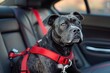 Black Staffordshire Bull Terrier in car with red harness and seat belt clip