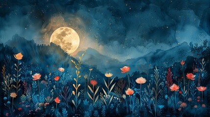 Wall Mural - Enchanted Moonlit Alien Garden, generative ai