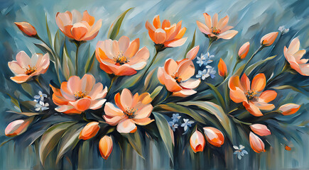 Wall Mural - spring flowers painted with oil paints in peach tones and bright butterfly