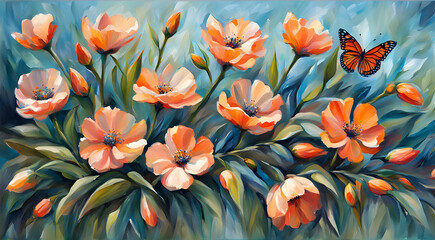 Wall Mural - spring flowers painted with oil paints in peach tones and bright butterfly