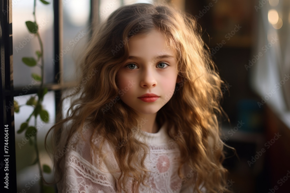 Portrait of a beautiful little girl with long curly hair at home. Stock ...