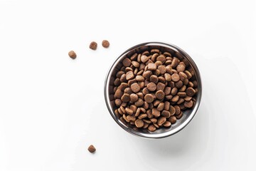 Poster - Brown kibble in metal bowl top view white background Healthy cat food