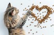 Cat paws reach for heart shaped dry food on white background