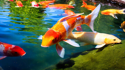 Wall Mural - Elegance in motion a school of koi carp gliding through the pond