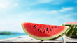 Refreshing slice of watermelon on summer beach, background close up