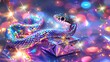 A colorful, bejeweled snake poised next to a crystal on a vividly glittering background