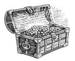 Open treasure chest filled with jewelry and gold coins. Hand drawn sketch illustration engraving style