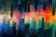 A painting of a cityscape with a lot of different colors and brush strokes