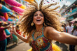 Beautiful curly woman in a festive costume at a festival. Confetti and balloons, holiday atmosphere.