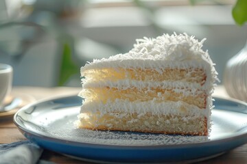 Poster - Close up of a homemade coconut cream cake slice side view