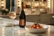 A luxurious dinner setting with gourmet pasta in a white bowl paired with a glass and bottle of champagne, elegantly arranged on a marble countertop.