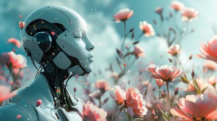 Canvas Print - A robot is standing in a field of flowers