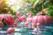 3D modern realistic illustration of a flamingo inflatable toy, a watermelon, palm trees, a shell, and a splash of water.