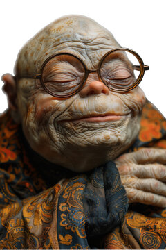Old wise goblin or ogre magi close up portrait. Clever kind character wearing glasses sits with closed eyes isolated on transparent background.