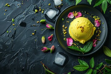 Sticker - Homemade Indian pistachio kulfi ice cream served on plate with ice cubes and rose petals top view