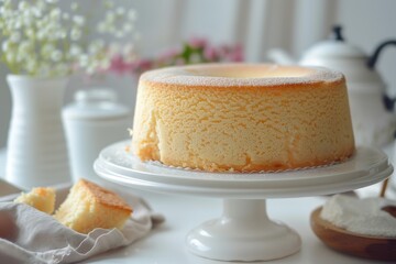 Wall Mural - Homemade fluffy cake on white table soft and moist dessert with milk Copy space selective focus Butter pie white background