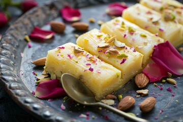 Sticker - Homemade kulfi slices with saffron or kesariya flavor topped with pistachio cashew almonds and rose petal