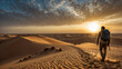 Uomo cammina sulle dune di un deserto durante una vacanza
