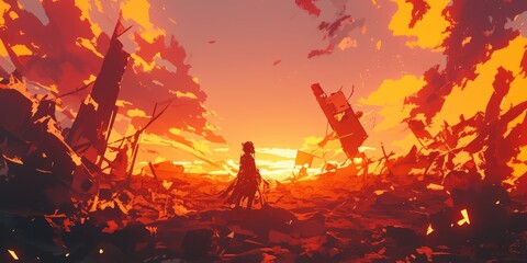 Sticker - The sky is orange and the landscape is barren