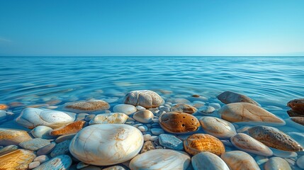 Wall Mural - Clear Blue Sky Over Pebble Coastline, generative ai