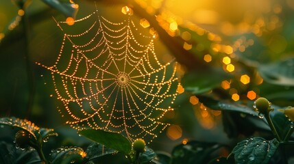 Sticker - Soft-focus Spider Web with Fresh Spring Foliage, generative ai