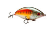 A fishing lure with a vibrant red and yellow stripe, gleaming under the sunlight
