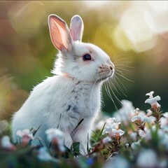 Wall Mural - A white rabbit is sitting in a field of flowers