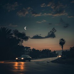 Poster - A car is driving down a street at night with a full moon in the sky