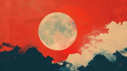 Poster - A painting of a red moon in the sky with clouds