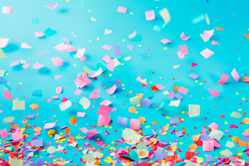 Wall Mural - Colored confetti flying in the blue sky. Are small pieces or streamers of paper, mylar, or metallic material which are thrown at parades and celebrations.