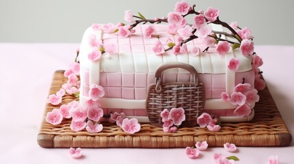 Wall Mural - Cherry blossom picnic cake with fondant picnic basket and cherry blossom branches.