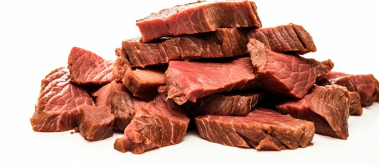 Canvas Print - Sliced meat is arranged neatly in a pile on a clean white surface, showcasing its texture and freshness