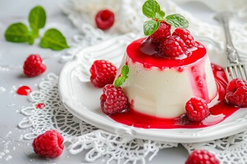 Canvas Print - Panna cotta with raspberry sauce Italian dessert on lace background