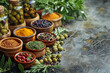 Assortment of Fresh Herbs and Spices on Rustic Kitchen Table