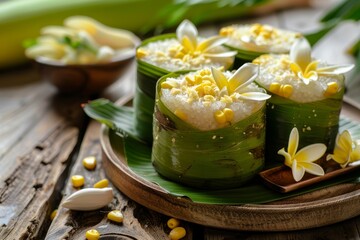 Sticker - Thai coconut sweet pudding with assorted toppings wrapped in banana leaves on wooden backdrop